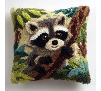 Henypt Latch Hook Kits Animals, Raccoons, and Leaves Pillow DIY Rug Crochet Hook Cushion Making Kit Preprinted Pattern Canvas DIY Handmade Rug Pillow Hooking Kits 43x43cm