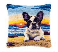 Henypt Latch Hook Kits for Kids Adults French Bulldog On The Beach 17X17Inch DIY Rug Tapestry Kits with Printed Canvas Embroidery Kits Festival Gifts Home Decoration