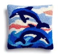 Henypt Latch Hook Kits Pillow Dolphin 43X43Cm Printed Canvas Cushion Crochet Yarn Needlework Hook Latch DIY Kit Embroidery Pillowcase Rug Cover Home Sofa Christmas Decoration