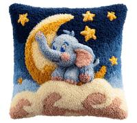 Henypt Latch Hook Kits, The Elephant and the Moon Embroidery Art Kits, Latch Hook Pillow Kit, 17x17inch DIY Handmade Pillowcase Pre-Printed Pattern Needlework Crochet Craft Kit