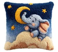 Henypt Latch Hook Kits The Elephant and the Moon Pillow Cover DIY Cushion Cross Stitch Crochet Hook Pillowcase Making Kits Preprinted Pattern Canvas Cushion 43x43cm