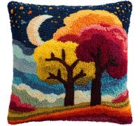 Henypt Latch Hook Pillow Case Embroidery Kits, Flowering Trees and The Moon DIY Needlework Latch Hook Cushion Cover Kits for Beginners,Sofa Cushion Cover,17x17inch