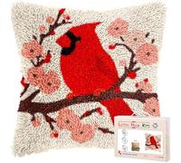 Henypt Latch Hook Pillow Kit for Adults,Red Cardinal On Blossom Flower,DIY Cushion Making Crochet Hook 43x43cm,Color Preprinted Pattern Needlework Pillow Cover Kits,17x17in
