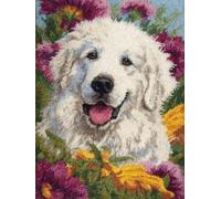Henypt Latch Hook Rug Kits for Beginners,Cute Great Pyrenees Portrait in Flowers 52x38cm DIY Craft Doormat Rug Making Kit,Tapestry Cushion Knitting Patterns Gift Kids Women