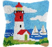 Henypt Latch Hook Sloth Cushion Kits-43X43Cm, Lighthouse DIY Latch Hook Pillowcase Carpet Embroidery Set, Crochet Canvas Pattern Needlework Crafts for Kids Adults and Beginners, 17X17Inch