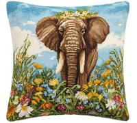 Henypt Printed Cushion Covers Cross Stitch Kits, Elephant Standing in A Sea of Flowers 17.7X17.7In(45X45Cm) DIY Needlework Kit Embroidery Pillow Canvas Cushion Stamped Cross Stitch Pillowcase Embro