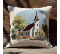 Henypt Stamped Cross-Stitch Kit W/Printed Tapestry Canvas - Country Church 17.7X17.7In(45X45Cm) Stamped Cross-Stitch Cushion Embroidery Kits Set Beginners for Creative Home Décor - Needlework Kit F