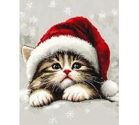 Henypt Stamped Cross Stitch Kits,Cat Wearing a Santa hat Full Range of Embroidery Needlework Starter Kits for Beginners Adults,11CT Home Decor Crafts12x16inch