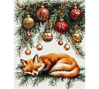 Henypt Stamped Cross Stitch Kits,Christmas Lazy Fox Cross Stitch Ornament Kits for Adults Beginners, Counted Embroidery Needlepoint Kits Home Decor Adult Craft Kits