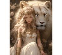 Henypt Stamped Cross Stitch Kits - Girl and Lion Colorful Printed Easy Pattern Needlepoint Kits Embroidery Crafts for Adults Beginners Gift