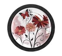 HEOEH 4 Pack Black Cabinet Knobs, Farm Red Daisy Floral Butterfly Drawer Knob Cupboard Handles with Screws, Round Single Hole for Kitchen, Dresser, Wardrobe, Chest of Drawers, Furniture