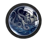 HEOEH 4 Pack Black Cabinet Knobs, Octopus Ship Vintage Drawer Knob Cupboard Handles with 2 Sizes Screws, Round Single Hole for Kitchen, Dresser, Wardrobe, Chest of Drawers, Furniture