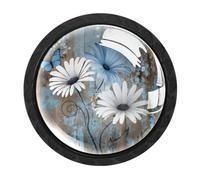 HEOEH 4 Pack Black Cabinet Knobs, Rustic Blue Daisy Drawer Knob Cupboard Handles with 2 Sizes Screws, Round Single Hole for Kitchen, Dresser, Wardrobe, Chest of Drawers, Furniture