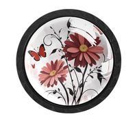 HEOEH 4 Pack Black Cabinet Knobs, Rustic Red Daisy Floral Butterfly Drawer Knob Cupboard Handles with Screws, Round Single Hole for Kitchen, Dresser, Wardrobe, Chest of Drawers, Furniture