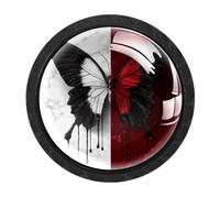 HEOEH 4 Pack Black Red Butterfly Marble Cabinet Knobs Round Drawer Pulls Black Dresser Knob Cupboard Door Handles Hardware for Kitchen Bathroom Cabinets