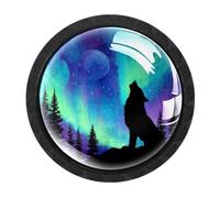 HEOEH 4 Pack Northern Lights Wolf Cabinet Knobs Round Drawer Pulls Black Dresser Knob Cupboard Door Handles Hardware for Kitchen Bathroom Cabinets