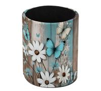 HEOEH Pen Holder for Desk, Rustic Daisy Teal Turquoise Butterfly Pencil Cup Makeup Brush Holder Leather Multifunctional Desktop Organizer Caddy for Home School Office Desk Accessories