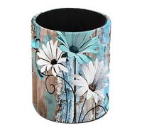 HEOEH Pen Holder for Desk, Rustic Teal Turquoise Daisy Pencil Cup Makeup Brush Holder Leather Multifunctional Desktop Organizer Caddy for Home School Office Desk Accessories