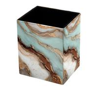 HEOEH PU Leather Square Pen Pot, Brown Beige Marble Pencil Holder, Desk Tidy Office Stationery, Makeup Brush Holder Desk Organizer Pen Holder for Home School