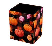 HEOEH PU Leather Square Pen Pot, Pumpkin Candy Buffalo Plaid Pencil Holder, Desk Tidy Office Stationery, Makeup Brush Holder Desk Organizer Pen Holder for Home School