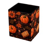 HEOEH PU Leather Square Pen Pot, Pumpkins Sunflower Buffalo Plaid Pencil Holder, Desk Tidy Office Stationery, Makeup Brush Holder Desk Organizer Pen Holder for Home School