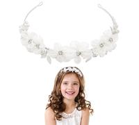 Heogacinlia White Tulle Flower Headband Flower Girl Headpiece Rhinestones Wedding Flower Headband Princess Crystal Pearl Hair Accessories for Girls Wedding Birthday Party First Communion Tiara