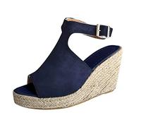 HEONSATI Platform Wedge Sandals Orthopedic Open Toe Wedge Shoes High Heel Wide Width Casual Platform Court Espadrille Ladies Leather Summer Walking Sandals Elastic Ankle Strap Roman Slip on