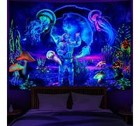 Heopapin Blacklight Astronaut Tapestry UV Reactive Plants Jellyfish Neon Galaxy Space Wall Hanging for Room W59×H51