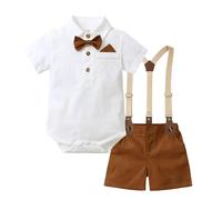 HEOXIN Baby Boys Clothing Gentleman Suit Set, Boys Short Sleeved Shirt with Bowtie + Suspender Braces Shorts Suit, Toddler Infant Boy Romper Boy's Outfits for Summer for Birthday, Brown 2-3 Years