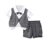 HEOXIN Baby Boys Gentleman Suit, Baby Clothing Gentleman's Bow Tie Plaid Fake Two-Piece Waistcoat with Short Sleeves Costume, Grey Infant Gentleman Outfit Stretch Shorts with Pockets, 5-12 Months