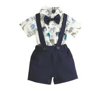 HEOXIN Baby Boys Gentleman Suit, Baby Clothing Gentleman's Bow Tie Snap Button Crotch Newborn Costume, Infant Gentleman Outfit Button Stretch Suspender Shorts Tiny Baby Clothes, Blue, 6-9 Months