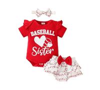 HEOXIN Baby Girl Clothing, Infant Baby Newborn Clothes Love Print Short Sleeve with Ruffle Edge Snap Button Crotch Tiny Baby Outfit, Stretch Shorts Headband Baby Girl Clothes Set, Red, 0-3 Months