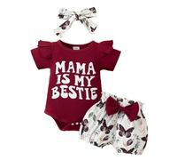 HEOXIN Baby Girl Clothing, Infant Baby Newborn Clothes Short Sleeve with Ruffle Edge Snap Button Crotch Tiny Baby Outfit, Butterfly Stretch Shorts Headband New Born Girl Clothes Set, Red, 3-6 Months