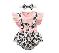 HEOXIN Baby Girl Clothing, Infant Baby Newborn Clothes Short Sleeve with Ruffle Edge Tiny Baby Outfit, Cow Print Button Stretch Suspender Shorts New Born Baby Girl Clothes Set, Pink, 12-18 Months