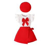 HEOXIN Baby Girl Clothing Set, Baby Girl Flying Sleeves Big Bowknot Decoration Carters Set, Tiny Baby Clothes Red Stretchy Elasticated Skirt Baby Girls Hat Toddler Outfit Set, 9-12 Months