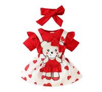 HEOXIN Baby Girl Clothing Set, Newborn Baby Ruffle Edge Short Sleeves Snap Button Crotch Bodysuit, Tiny Baby Clothes Red Love Bear Stretchy Suspender Button Skirt Bowknot Headband Outfit 12-18 Months