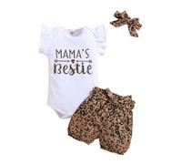 HEOXIN Baby Girl Infant Clothes Set, Newborn Clothing Ruffle Short Sleeve Bodysuit Bowknot Elastic Waist Leopard Print Shorts Snap Button Crotch Headband Summer Tiny Girls Outfit, Brown, 3-6 Months