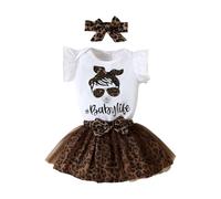 HEOXIN Baby Girl Infant Clothes Set, Newborn Ruffle Short Sleeve Bodysuit Bowknot Elastic Waist Leopard Print Mesh Short Skirt Snap Button Crotch Headband, Summer Tiny Girls Outfit, Brown 6-9 Months