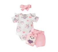 HEOXIN Baby Girl Infant Clothing Sets, Newborn Short Sleeves Bodysuit Snap Button Crotch Round Neck Cartoon Bear Love Heart Stretch Shorts Bowknot Headband Summer Sets Tiny Girls, Pink 3-6 Months