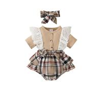 HEOXIN Baby Girl Infant Romper Dress, Newborn Lace Ruffle Edge Short Sleeves Bodysuit Snap Button Crotch Plaid Pattern Round Neck Bowknot Headband Baby Clothes Set Tiny Girls, Khaki, 0-3 Months