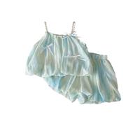 HEOXIN Baby Girl Infant Toddler Clothing Sets, 2 Piece Kids Mesh Bowknot Decorative Suspender Sleeveless Top Stretch Shorts Pleated Loose Outfits, Summer Clothes Sets for Tiny Girls, Blue, 1-2 Years