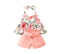 HEOXIN Baby Girl Infant Toddler Clothing Sets, Newborn Floral Pattern Bowknot Decorative Suspender Top, Bowknot Headband Waistband Stretch Shorts, Summer Clothes Set for Tiny Girls, Pink, 9-12 Months