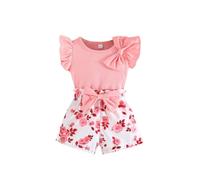 HEOXIN Baby Girl Infant Toddler Clothing Sets, Newborn Ruffle Edge Short Sleeves Round Neck Bowknot Decorative Floral Pattern Stretch Shorts, Summer Clothes Sets for Tiny Girl, Pink, 18-24 Months