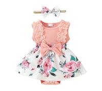HEOXIN Baby Girl Infant Toddler Dress, Lace Sleeveless Snap Button Crotch Big Bowknot Round Neck Dress with Headband Outfit Set, Pink Frilly Dresses for Baby Girls 0-3 Months