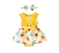 HEOXIN Baby Girl Infant Toddler Dress, Lace Sleeveless Snap Button Crotch Big Bowknot Sunflower Round Neck with Headband Dress Outfit Set, Yellow Frilly Dresses for Baby 6-9 Months