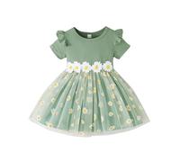 HEOXIN Baby Girl Infant Toddler Dress, Ruffle Edge Short Sleeves Floral Daisy Pattern Ribbed Round Neck Mesh Newborn Dress Summer, Frilly Dresses Clothes for Tiny Girls, Green, 12-18 Months