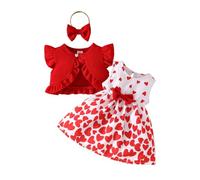 HEOXIN Baby Girl Infant Toddler Dress, Ruffle Edge Sleeveless Cardigan Love Heart Round Neck with Bowknot Headband Newborn Dress Clothes Set Summer, Tiny Girls Frilly Dresses, Red, 6-9 Months