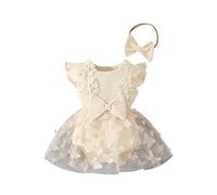 HEOXIN Baby Girl Romper Dress, Ruffled Sleeveless 3D Butterfly Mesh Tulle Dress + Bowknot Headband Set, One-Piece Infant Newborn Baby Girls Summer Clothes for Birthday, Beige 3-6 Months