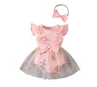 HEOXIN Baby Girl Romper Dress, Ruffled Sleeveless Flower Embroidered Mesh Tulle Dress + Bowknot Headband Set, One-Piece Infant Newborn Baby Girls Summer Clothes for Birthday, Pink 3-6 Months