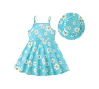HEOXIN Baby Girl Toddler Infant Dress, Newborn Clothing Daisy Flower Print Suspender Round Neck Matching Hat Baby Toddlers Clothes Set Frilly Dresses Summer Outfit Tiny Girls, Blue, 9-12 Months